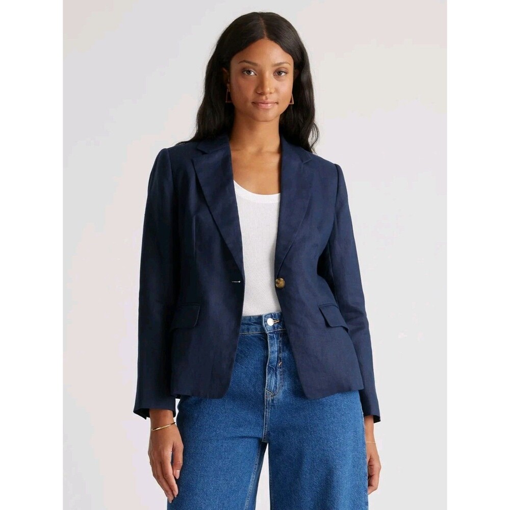 Quince European Linen Structured Blazer Navy Blue Women Single Button Workwear